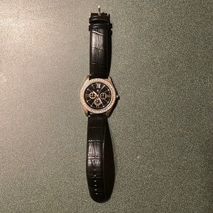 Black faux leather and diamond watch